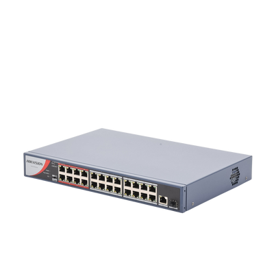 Switch PoE+ / No Administrable / 24 Puertos 10/100 Mbps PoE+ / 1 Puerto 1000 Mbps / 1 Puerto SFP Uplink / Modo Extendido hasta 300 Metros / 230 W