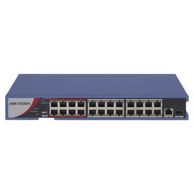 Switch PoE+ / No Administrable / 24 Puertos 10/100 Mbps PoE+ / 1 Puerto 1000 Mbps / 1 Puerto SFP Uplink / Modo Extendido hasta 300 Metros / 230 W