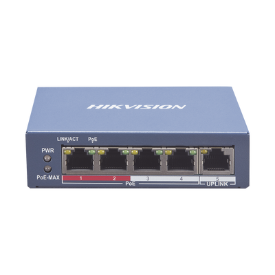 Switch Monitoreable PoE+ / 4 puertos 100 Mbps PoE+ / 1 Puerto 100 Mbps Uplink / PoE hasta 250 Metros / 60 Watts / Conexión Remota desde Hik-PartnerPro