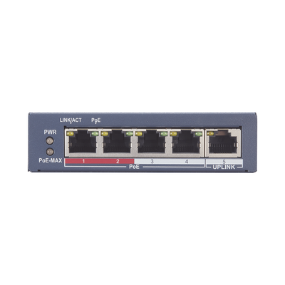 Switch Monitoreable PoE+ / 4 puertos 100 Mbps PoE+ / 1 Puerto 100 Mbps Uplink / PoE hasta 250 Metros / 60 Watts / Conexión Remota desde Hik-PartnerPro
