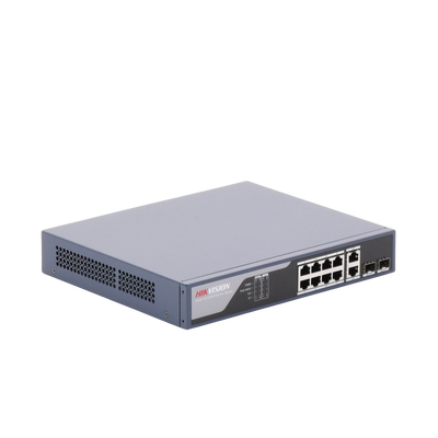 Switch PoE+ / Administrable / Uso en Rack / 8 Puertos 10/100 PoE+ / 2 Puertos 1000 Mbps Uplink / 2 Puertos SFP / Configuración Nube desde Hik-PartnerPro / Modo Extendido hasta 300 Metros / 125 W