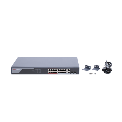 Switch PoE+ / Monitoreable / 16 puertos 10/100 Mbps PoE+ / 2 Puertos 1000 Mbps Uplink / 2 Puertos SFP de Uplink / Configuración Nube Hik-Partner Pro / Modo Extendido hasta 300 metros / 230 W