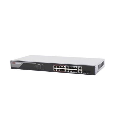 Switch PoE+ / Monitoreable / 16 puertos 10/100 Mbps PoE+ / 2 Puertos 1000 Mbps Uplink / 2 Puertos SFP de Uplink / Configuración Nube Hik-Partner Pro / Modo Extendido hasta 300 metros / 230 W