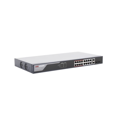Switch PoE+ / Monitoreable / 16 puertos 10/100 Mbps PoE+ / 2 Puertos 1000 Mbps Uplink / 2 Puertos SFP de Uplink / Configuración Nube Hik-Partner Pro / Modo Extendido hasta 300 metros / 230 W