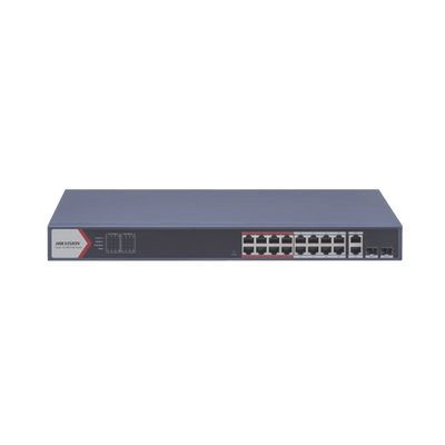 Switch PoE+ / Monitoreable / 16 puertos 10/100 Mbps PoE+ / 2 Puertos 1000 Mbps Uplink / 2 Puertos SFP de Uplink / Configuración Nube Hik-Partner Pro / Modo Extendido hasta 300 metros / 230 W