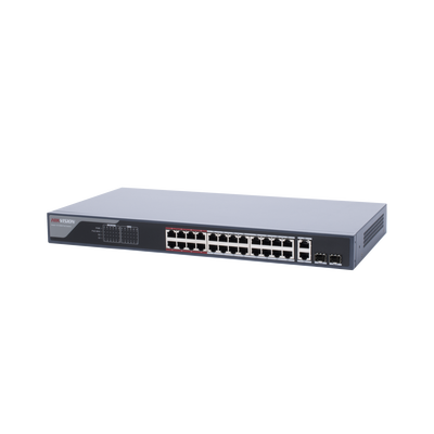 Switch PoE+ / Monitoreable / 24 Puertos 100 Mbps PoE+ / 2 Puertos 1000 Mbps + 2 Puertos SFP de Uplink (COMBO) / Configuración Nube Hik-Partner Pro / Modo Extendido hasta 300 Metros / 370 Watts