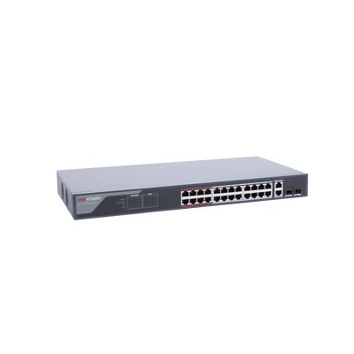 Switch PoE+ / Monitoreable / 24 Puertos 100 Mbps PoE+ / 2 Puertos 1000 Mbps + 2 Puertos SFP de Uplink (COMBO) / Configuración Nube Hik-Partner Pro / Modo Extendido hasta 300 Metros / 370 Watts
