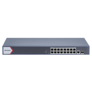 Switch Gigabit PoE+ / Monitoreable / 16 Puertos 1000 Mbps PoE+ / 1 Puerto 1000 Mbps de Uplink / 1 Puerto SFP / Configuración Nube desde Hik-PartnerPro / Modo Extendido hasta 300 Metros / 130 Watts