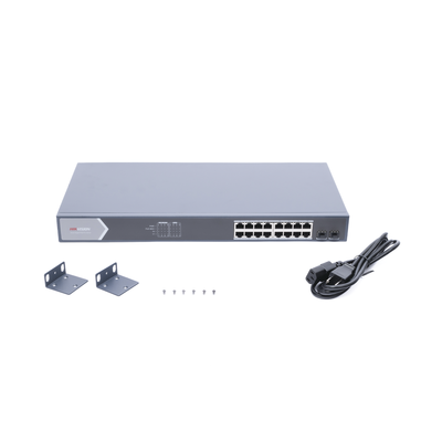 Switch Gigabit PoE+ / Administrable / 16 Puertos 1000 Mbps PoE+ / 2 Puertos SFP / Configuración Nube desde Hik-ParnerPro / PoE hasta 300 Metros / 225 Watts Switch Gigabit PoE+ / Administrable / 16 Puertos 1000 Mbps PoE+ / 2 Puertos SFP / Configuración Nube desde Hik-ParnerPro / PoE hasta 300 Metros / 225 Watts