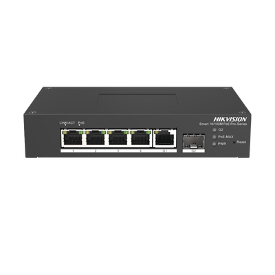 Switch PoE+ / Administrable / 4 Puertos 10/100 Mbps PoE+ / 1 Puerto 1000 Mbps Uplink / 1 Puertos SFP / Configuración Nube Hik-PartnerPro / Modo Extendido hasta 300 Metros / 60 Watts