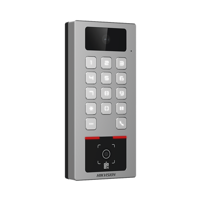 Teclado con Lector Físico de QRs para Exterior Antivandálico IP65 & IK09 con función de Videoportero Multiapartamento / Tarjeta, Código QR, PIN o App HikConnect / Cámara 2 MP compatible con NVRs / Soporta b