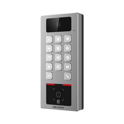 Teclado con Lector Físico de QRs para Exterior Antivandálico IP65 & IK09 con función de Videoportero Multiapartamento / Tarjeta, Código QR, PIN o App HikConnect / Cámara 2 MP compatible con NVRs / Soporta b
