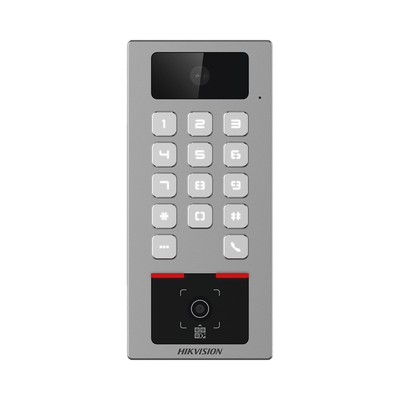 Teclado con Lector Físico de QRs para Exterior Antivandálico IP65 & IK09 con función de Videoportero Multiapartamento / Tarjeta, Código QR, PIN o App HikConnect / Cámara 2 MP compatible con NVRs / Soporta b