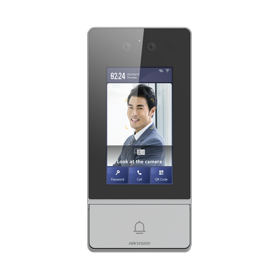 Videoportero IP 2 Megapixel / Llamada y Apertura Remota desde App Hik-Connect / Reconocimiento Facial / Panel touch 4.3"/ Exterior IP65 + Antivandalico IK08 / Botón mecanico de llamada / PoE / 1 Departamento / Apertura con Tarjeta, Codigo PIN