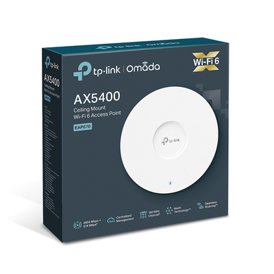 Punto de Acceso Omada / Wi-Fi 6 AX5400 MU-MIMO 4x4 / Mesh Omada / Alta Densidad de Usuarios / Configuración por Controlador o Stand-Alone / Para Montaje en Techo/pared / Alimentación PoE+