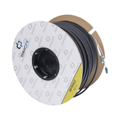 Carrete de Fibra Óptica Monomodo con conectores LC-LC Duplex, Reforzada con Kevlar, de 150 metros, Para instalaciones subterráneas por tubería