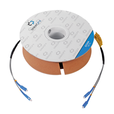Carrete de Fibra Óptica Monomodo con conectores SC-SC Duplex, Reforzada con Kevlar, de 50 metros