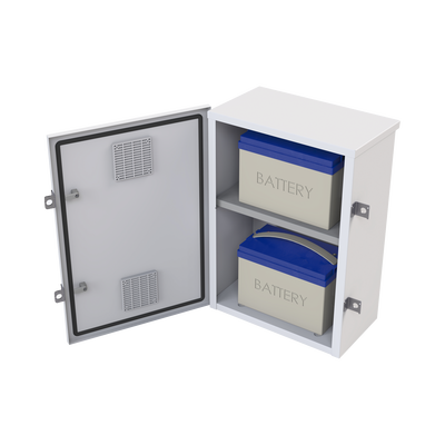 Gabinete para instalación de 2 Baterías PL110D12, Fabricado en Lámina Galvanizada, Accesorios para piso o poste (No incluidos)