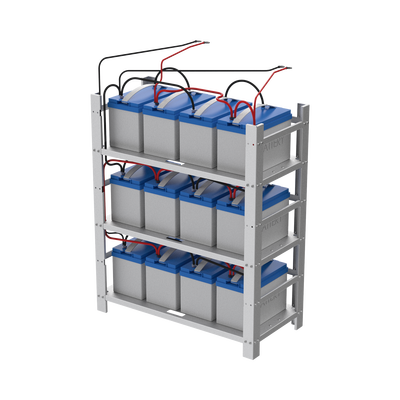 Estante Galvanizado de 3 Niveles para Instalación de 12 Baterías de Ciclo Profundo Similares a la PL-110-D12. Estante Galvanizado de 3 Niveles para Instalación de 12 Baterías de Ciclo Profundo Similares a la PL-110-D12.