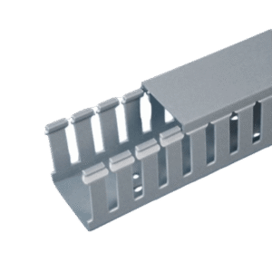 Canaleta Ranurada de PVC con Tapa, Tipo F, 57.2 mm de Ancho, 79.2 mm de Alto y 2 m de Largo, Color Gris Canaleta Ranurada de PVC con Tapa, Tipo F, 57.2 mm de Ancho, 79.2 mm de Alto y 2 m de Largo, Color Gris