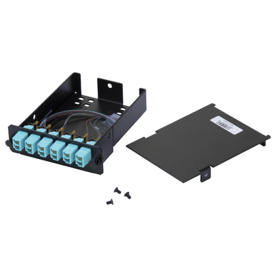 Placa Acopladora de Fibra Óptica FAP, Con 12 Pigtails Ribbon y 6 Conectores LC Duplex (12 Fibras), Para Fibra Multimodo OM3/OM4, Color Aqua