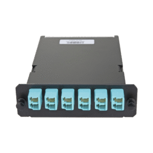 Placa Acopladora de Fibra Óptica FAP, Con 12 Pigtails Ribbon y 6 Conectores LC Duplex (12 Fibras), Para Fibra Multimodo OM3/OM4, Color Aqua