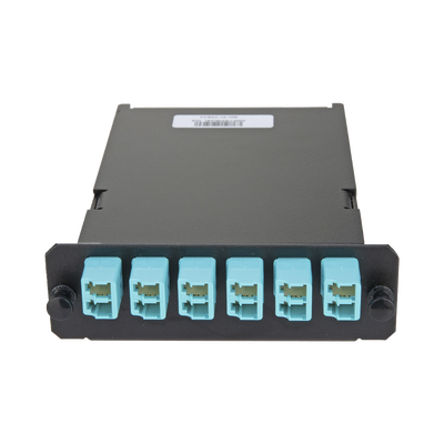 Placa Acopladora de Fibra Óptica FAP, Con 12 Pigtails Ribbon y 6 Conectores LC Duplex (12 Fibras), Para Fibra Multimodo OM3/OM4, Color Aqua