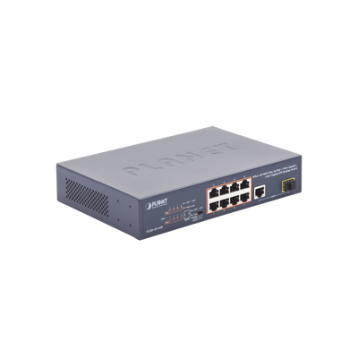 Switch no Administrable 8 puertos 10/100 PoE 802.3af/at 135W, 1 puerto Uplink 10/100/1000 y 1 SFP 100/1000 para escritorio Switch no Administrable 8 puertos 10/100 PoE 802.3af/at 135W, 1 puerto Uplink 10/100/1000 y 1 SFP 100/1000 para escritorio