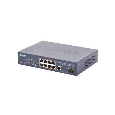 Switch no Administrable 8 puertos 10/100 PoE 802.3af/at 135W, 1 puerto Uplink 10/100/1000 y 1 SFP 100/1000 para escritorio Switch no Administrable 8 puertos 10/100 PoE 802.3af/at 135W, 1 puerto Uplink 10/100/1000 y 1 SFP 100/1000 para escritorio
