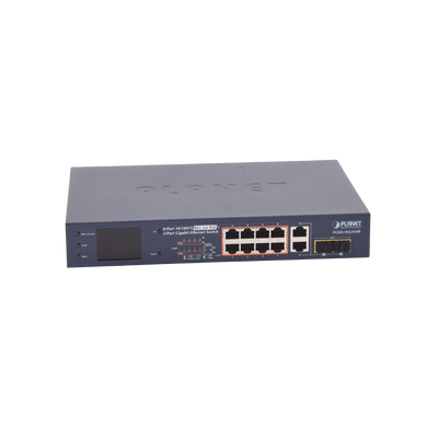 Switch PoE+ / distancia 250 metros / 8 puertos + 2 combo TP/SFP gigabit y pantalla LCD para monitoreo