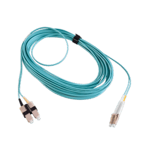 Jumper de Fibra Óptica Multimodo 50/125 XGLO OM3, LC-SC Duplex, OFNR, Color Aqua, 10 Metros