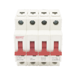 Protección Térmica 4P, 20A, Corriente Directa 1000 Vcc para Aplicación Fotovoltaica Montaje Riel DIN Protección Térmica 4P, 20A, Corriente Directa 1000 Vcc para Aplicación Fotovoltaica Montaje Riel DIN