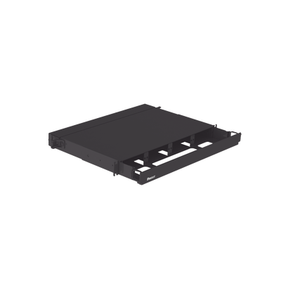 Panel de Distribución de Fibra Óptica, Acepta 4 Placas FAP o FMP, Bandeja Deslizable, Hasta 96 Fibras, Color Negro, 1UR