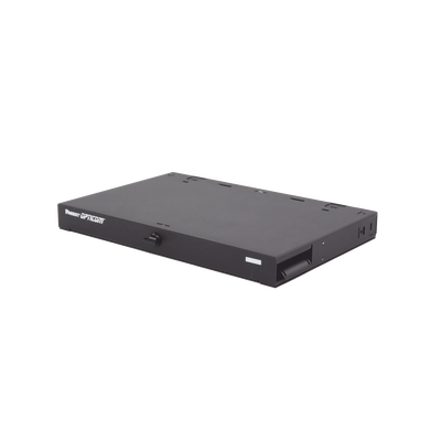 Panel de Distribución de Fibra Óptica, Acepta 3 Placas FAP o FMP, Bandeja Deslizable e Inclinable Hacia Abajo, Hasta 72 Fibras, Color Negro, 1UR