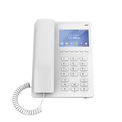 Teléfono IP Hotelero con pantalla LCD a color, 2 líneas SIP con 2 cuentas, codec Opus, IPV4/IPV6, color blanco, con gestión en la nube GDMS