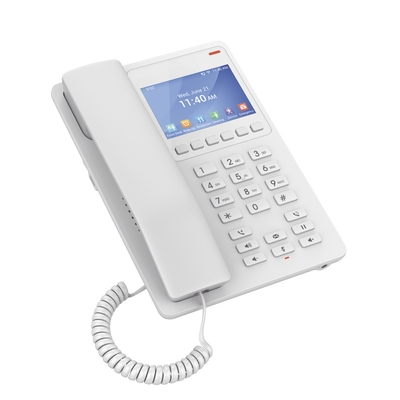 Teléfono IP WiFi Hotelero con pantalla LCD a color, 2 líneas SIP con 2 cuentas, codec Opus, IPV4/IPV6, color blanco, con gestión en la nube GDMS