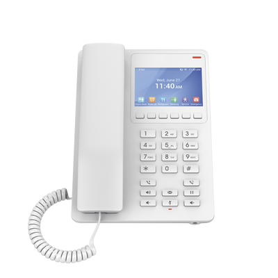 Teléfono IP WiFi Hotelero con pantalla LCD a color, 2 líneas SIP con 2 cuentas, codec Opus, IPV4/IPV6, color blanco, con gestión en la nube GDMS