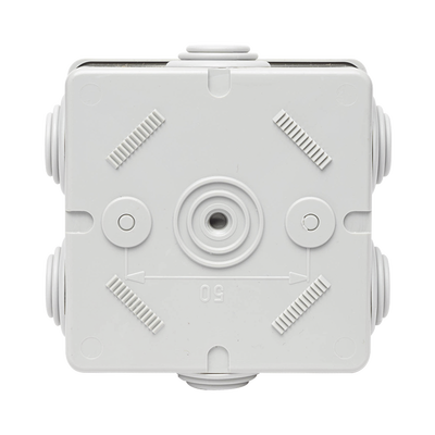 Caja de derivación de PVC Autoextinguible con 6 entradas, tapa a presión, 80x80x40 MM (Medidas internas, mayor área permisible para el cable, Para instalación al exterior (IP44) Caja de derivación de PVC Autoextinguible con 6 entradas, tapa a presión, 80x80x40 MM (Medidas internas, mayor área permisible para el cable, Para instalación al exterior (IP44)