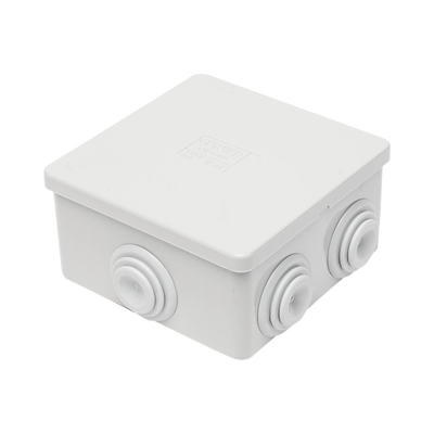 Caja de derivación de PVC Autoextinguible con 6 entradas, tapa a presión, 80x80x40 MM (Medidas internas, mayor área permisible para el cable, Para instalación al exterior (IP44) Caja de derivación de PVC Autoextinguible con 6 entradas, tapa a presión, 80x80x40 MM (Medidas internas, mayor área permisible para el cable, Para instalación al exterior (IP44)