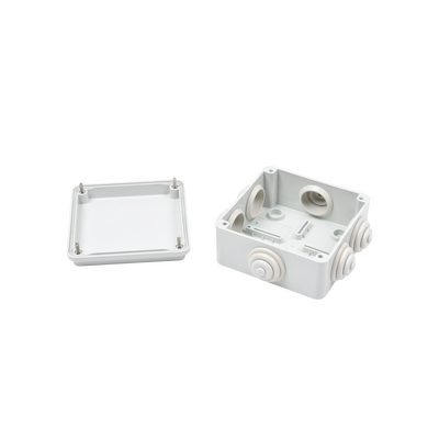 Caja de derivación de PVC Auto-extinguible con 6 entradas, tapa atornillada, 100x100x50 MM, (Medidas internas, mayor área permisible para e cable, Para exterior (IP55)