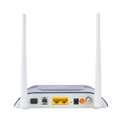 ONU Dual GPON/EPON con Wi-Fi en 2.4 GHz + 1 puerto SC/APC + 1 puerto LAN Gigabit + 1 puerto LAN Fast Ethernet + 1 puerto FXS + 1 puerto CATV, hasta 300 Mbps vía inalámbrico