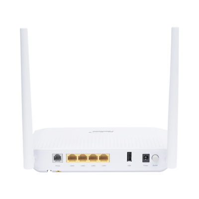 ONU GPON WiFi 2.4/5 GHz MIMO 2x2, 4 puertos Gigabit + 1 POTS + USB, conector SC/UPC