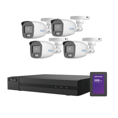 Kit TurboHD 1080p + SSD 500 GB / DVR 4 Canales / 4 Cámaras Bala ColorVu con Micrófono Integrado / Fuente de Poder / Accesorios de Instalación Kit TurboHD 1080p + SSD 500 GB / DVR 4 Canales / 4 Cámaras Bala ColorVu con Micrófono Integrado / Fuente de Poder / Accesorios de Instalación