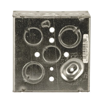 Caja Cuadrada Galvanizada de 4" x 4", profundidad de 2 1/8". Cuenta con 10 KO de 1/2" y 6 TKO (1/2" - 3/4"))
