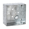 Caja Cuadrada Galvanizada de 4" x 4", profundidad de 2 1/8". Cuenta con 10 KO de 1/2" y 6 TKO (1/2" - 3/4"))