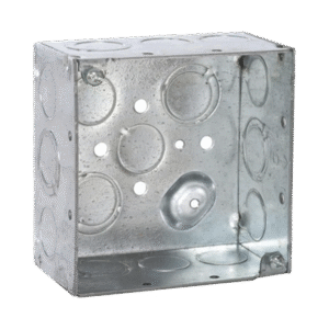 Caja Cuadrada Galvanizada de 4" x 4", profundidad de 2 1/8". Cuenta con 10 KO de 1/2" y 6 TKO (1/2" - 3/4"))