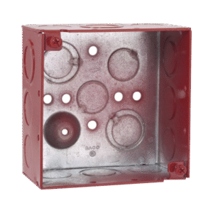 Caja Cuadrada Galvanizada de 4" /Profundidad de 2 1/8" / Cuenta con 11 KO de 1/2" y 6 TKO (1/2" - 3/4")/ Color Rojo.