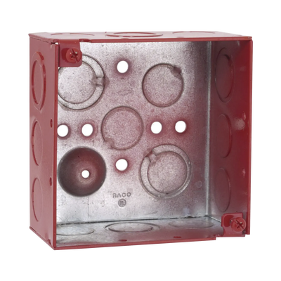 Caja Cuadrada Galvanizada de 4" /Profundidad de 2 1/8" / Cuenta con 11 KO de 1/2" y 6 TKO (1/2" - 3/4")/ Color Rojo. Caja Cuadrada Galvanizada de 4" /Profundidad de 2 1/8" / Cuenta con 11 KO de 1/2" y 6 TKO (1/2" - 3/4")/ Color Rojo.