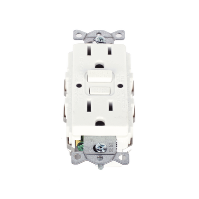 Contacto de Auto-verificación GFCI con Interruptor de Falla a Tierra de 15 A 125 V 2 Polos, 3 Hilos Color Blanco (Nema 5-15R), Grado Comercial. Contacto de Auto-verificación GFCI con Interruptor de Falla a Tierra de 15 A 125 V 2 Polos, 3 Hilos Color Blanco (Nema 5-15R), Grado Comercial.