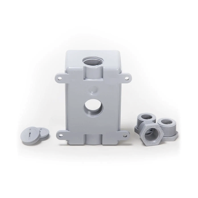 Caja Impermeable de 1 Gang / Profundidad de 2"/ Cuenta con 3 Salidas roscadas para tubería de 1/2" ó 3/4"/ Color Gris. Caja Impermeable de 1 Gang / Profundidad de 2"/ Cuenta con 3 Salidas roscadas para tubería de 1/2" ó 3/4"/ Color Gris.